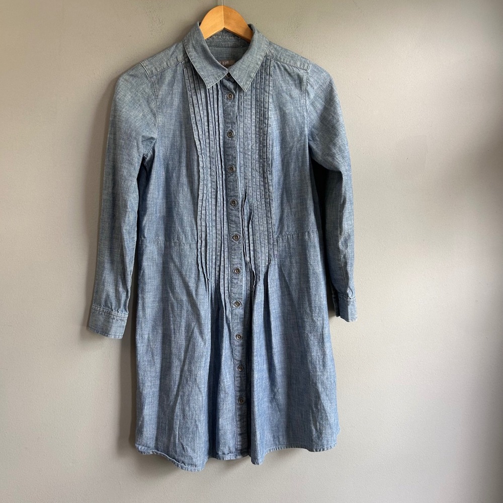 J. Jill Blue Cotton Chambray Pintuck Button Front Shirt Dress XS Petite
